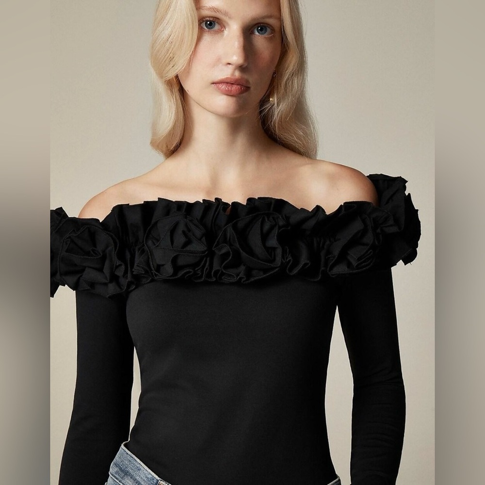 J.Crew Stretch cotton-blend off-the-shoulder top with rosettes in black